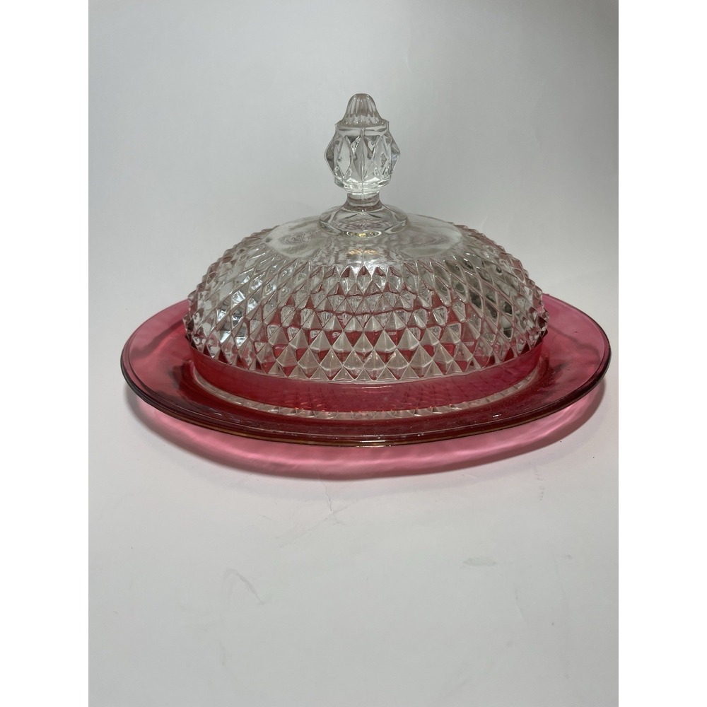Vtg Indiana Glass Oval Diamond Point Cut Covered Butter Dish Red Trim 9" A+